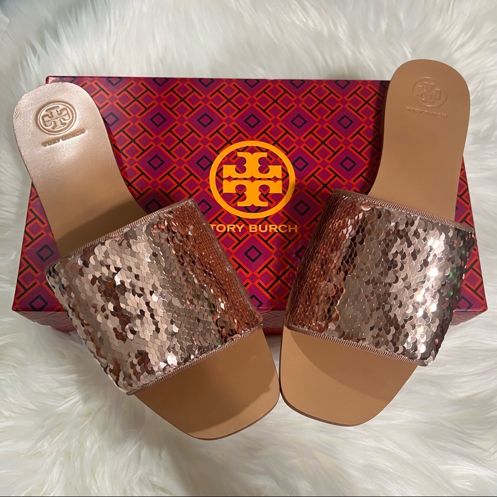 Tory Burch Carter Slide Reversible Sequin Rose Gold Perfect Blush